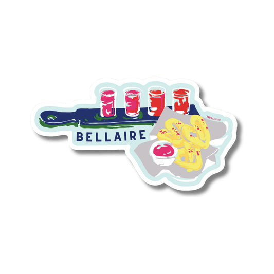 Bellaire Flight & Pretzels vinyl sticker by TWAL: a paddle of four beer tasters with a soft pretzel and dip, Up North Pop Art Collection