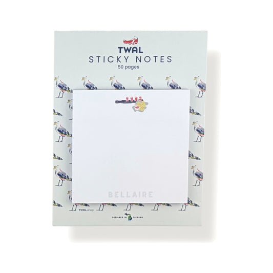 Bellaire Flight & Pretzels sticky note pad by TWAL on its seagull-print backing card, Up North Pop Art Collection