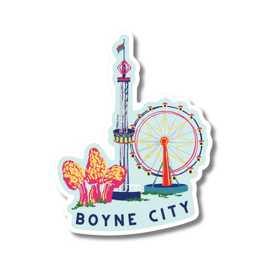 Boyne City Morel Festival vinyl sticker by TWAL: morel mushrooms beside a carnival Ferris wheel and tower ride, Up North Pop Art Collection