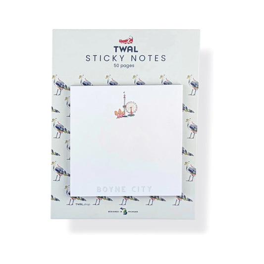 Boyne City Morel Festival sticky note pad by TWAL on its seagull-print backing card, Up North Pop Art Collection