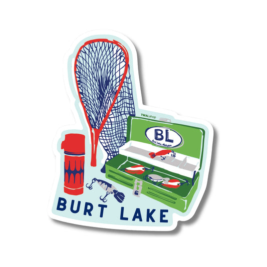 Burt Lake Tackle Box vinyl sticker by TWAL: a landing net, thermos and green tackle box with a BL badge, Up North Pop Art Collection