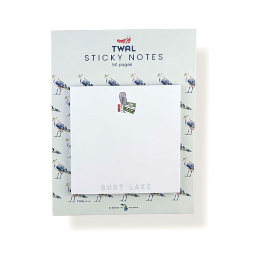 Burt Lake Tackle Box sticky note pad by TWAL on its seagull-print backing card, Up North Pop Art Collection