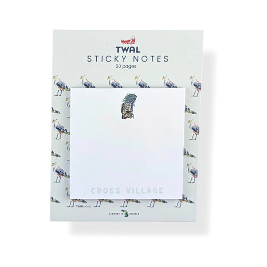 Cross Village Fireplace sticky note pad by TWAL on its seagull-print backing card, Up North Pop Art Collection