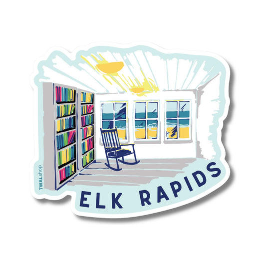 Elk Rapids Island House vinyl sticker by TWAL: a sunlit library reading room with bookshelves and a rocking chair by the window, Up North Pop Art Collection