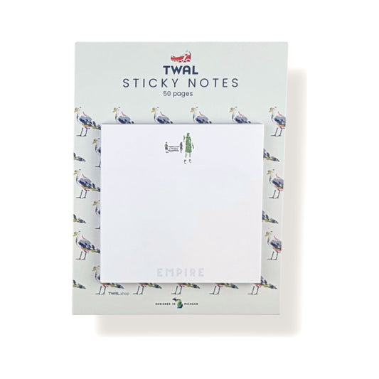 Empire Asparagus Festival sticky note pad by TWAL on its seagull-print backing card, Up North Pop Art Collection