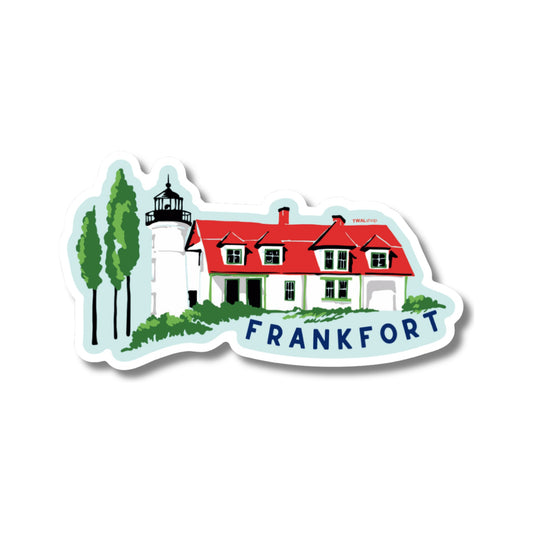Frankfort Point Betsie vinyl sticker by TWAL: Point Betsie Lighthouse and its red-roofed keeper's house among the trees, Up North Pop Art Collection