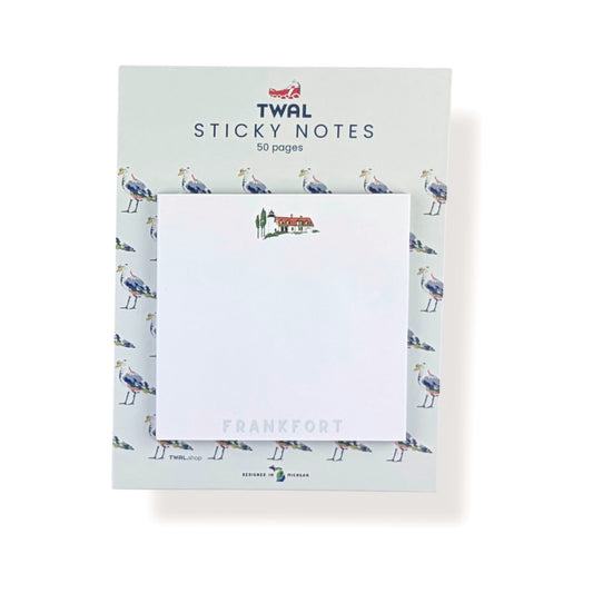 Frankfort Point Betsie sticky note pad by TWAL on its seagull-print backing card, Up North Pop Art Collection
