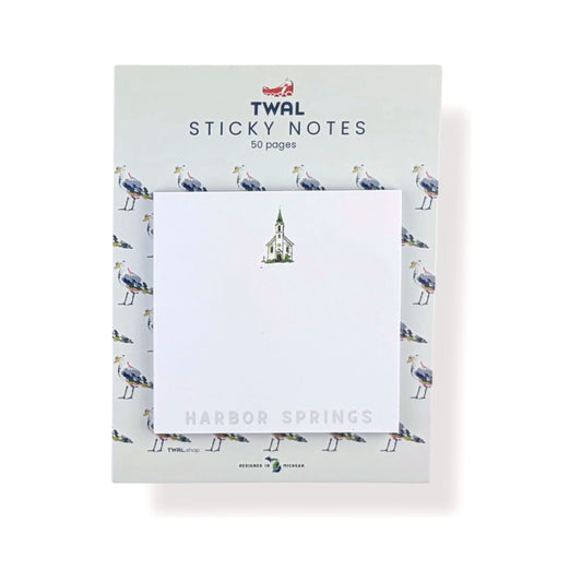 Harbor Springs sticky note pad by TWAL on its seagull-print backing card, Up North Pop Art Collection