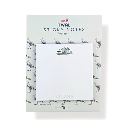 Leland Fishtown sticky note pad by TWAL on its seagull-print backing card, Up North Pop Art Collection