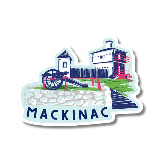 Mackinac Island vinyl sticker by TWAL: Fort Mackinac's white blockhouse, stone walls and a cannon, Up North Pop Art Collection