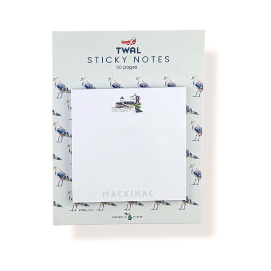 Mackinac Island sticky note pad by TWAL on its seagull-print backing card, Up North Pop Art Collection