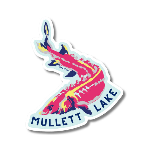 Mullett Lake Sturgeon vinyl sticker by TWAL: a leaping pink and yellow lake sturgeon, Up North Pop Art Collection