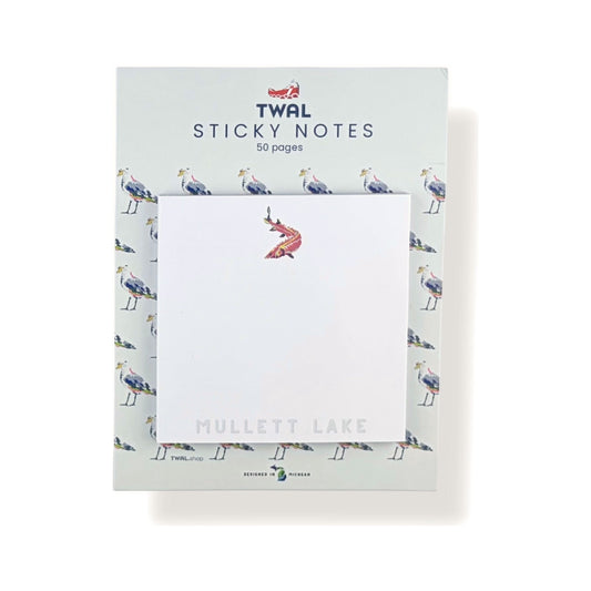 Mullett Lake Sturgeon sticky note pad by TWAL on its seagull-print backing card, Up North Pop Art Collection