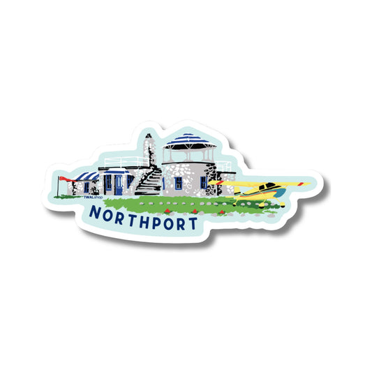 Northport Woolsey Airport vinyl sticker by TWAL: the stone Woolsey Memorial Airport terminal with a blue-striped roof, a small yellow plane and green grass, with NORTHPORT in blue letters