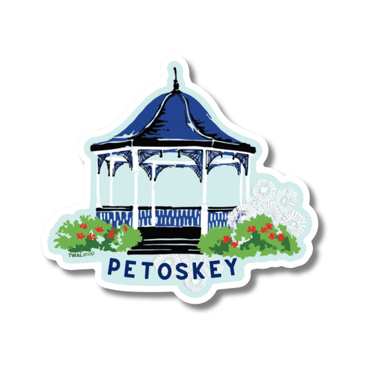 Petoskey Gazebo vinyl sticker by TWAL: the blue-roofed Pennsylvania Park gazebo framed by red flowers, Up North Pop Art Collection