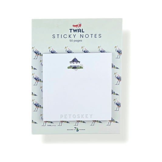 Petoskey Gazebo sticky note pad by TWAL on its seagull-print backing card, Up North Pop Art Collection