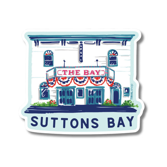Suttons Bay vinyl sticker by TWAL: the Bay Theatre facade with its marquee and red, white and blue bunting, Up North Pop Art Collection
