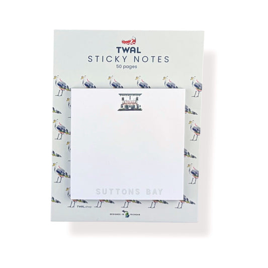 Suttons Bay sticky note pad by TWAL on its seagull-print backing card, Up North Pop Art Collection