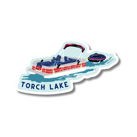 Torch Lake Sandbar Pontoon vinyl sticker by TWAL: a pontoon boat towing a tube across turquoise water, Up North Pop Art Collection