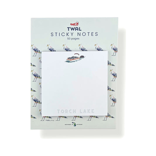 Torch Lake Sandbar Pontoon sticky note pad by TWAL on its seagull-print backing card, Up North Pop Art Collection