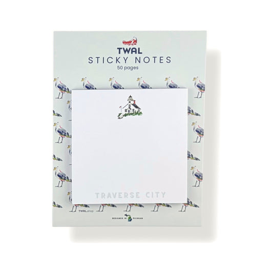 Traverse City sticky note pad by TWAL on its seagull-print backing card, Up North Pop Art Collection