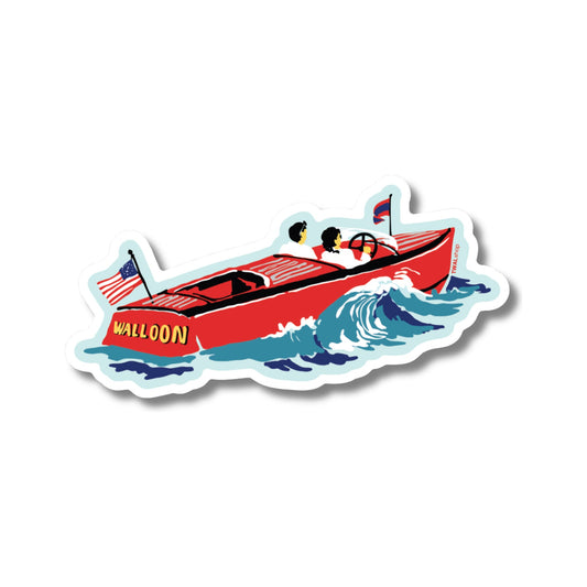 Walloon Lake Chris-Craft vinyl sticker by TWAL: a red wooden runabout flying an American flag on blue waves, Up North Pop Art Collection