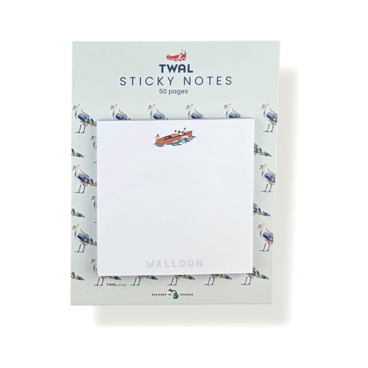 Walloon Lake Chris-Craft sticky note pad by TWAL on its seagull-print backing card, Up North Pop Art Collection