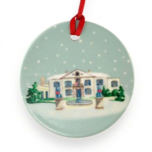 War Memorial ceramic Christmas ornament close-up on white background, by TWAL